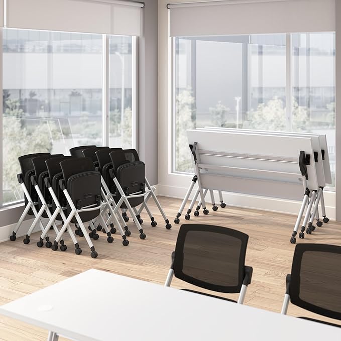 Bush Business Furniture Folding Training Table Set for 2, 60 inch, 2 Mesh Back Folding Chairs, Commercial-Grade Bundle for Office or Classroom, Envision Collection, White