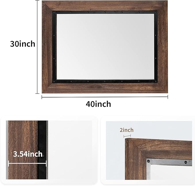 YOSHOOT Rustic Wooden Framed Wall Mirror, 40"x30", Natural Wood and Iron Bathroom Vanity Mirror for Farmhouse Decor, Vertical or Horizontal Hanging
