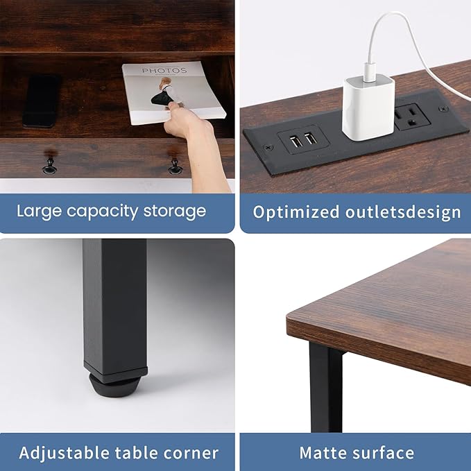 3 Wooden Drawers Night Stand, 27 Inch Wide Nightstand with Charging Station and Adjustable Drawers, Bedside Table for Living Room/Bedroom/Office, Retro Brown.