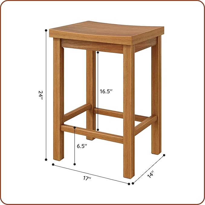 Grain & Grove Smith Collection Set of 2 Solid Wood Counter Height Bar Stools, 24-Inch Saddle Seat Backless Stools, Ideal for Kitchen Island, Dining, or Home Bar Seating, Pecan
