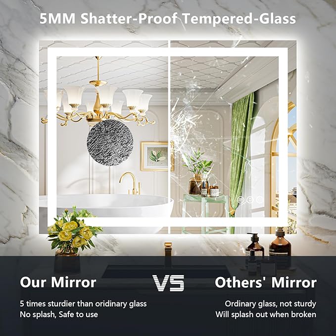 44x36 Inch LED Bathroom Mirror with Lights Front and Backlit Lighted Vanity Mirror for Bathroom Wall with 3 Colors Dimmable Anti-Fog Memory Shatter-Proof IP54 Waterproof Horizontal/Vertical