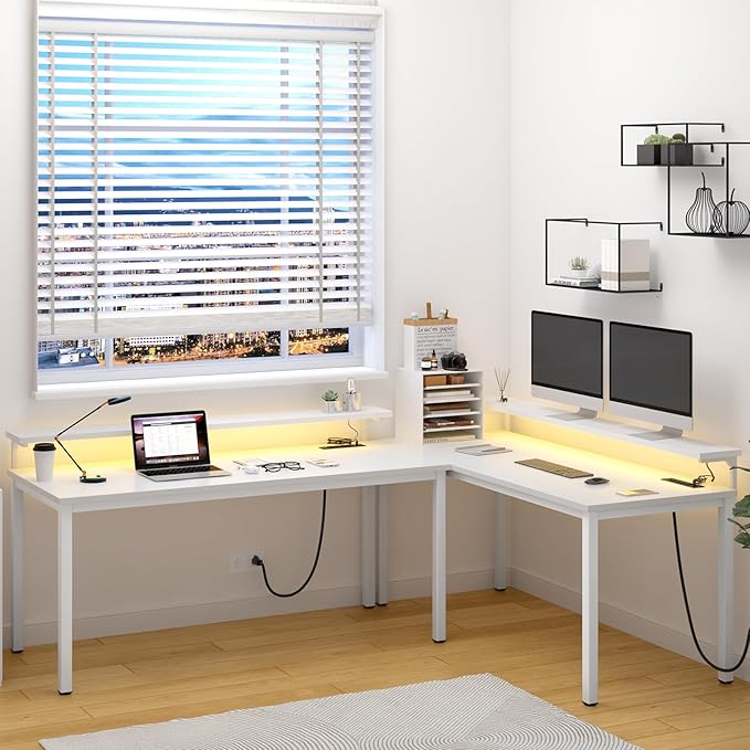 DlandHome Computer Desk 60” with LED Lights &Power Outlets, Writing Desk with Monitor Stand, Work Study Desk for Home Office, White