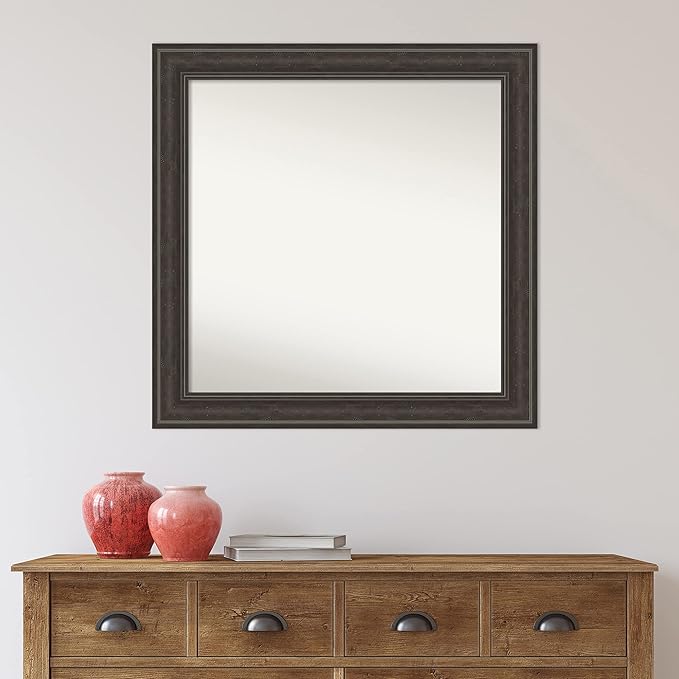Amanti Art Brown Bathroom Mirror for Over Sink, 32x32 Shipwreck Greywash Square Vanity Mirror, Large Traditional Frame, Hangs Horizonally and Vertically, Bathroom Wall Decor, Non-Beveled Edge