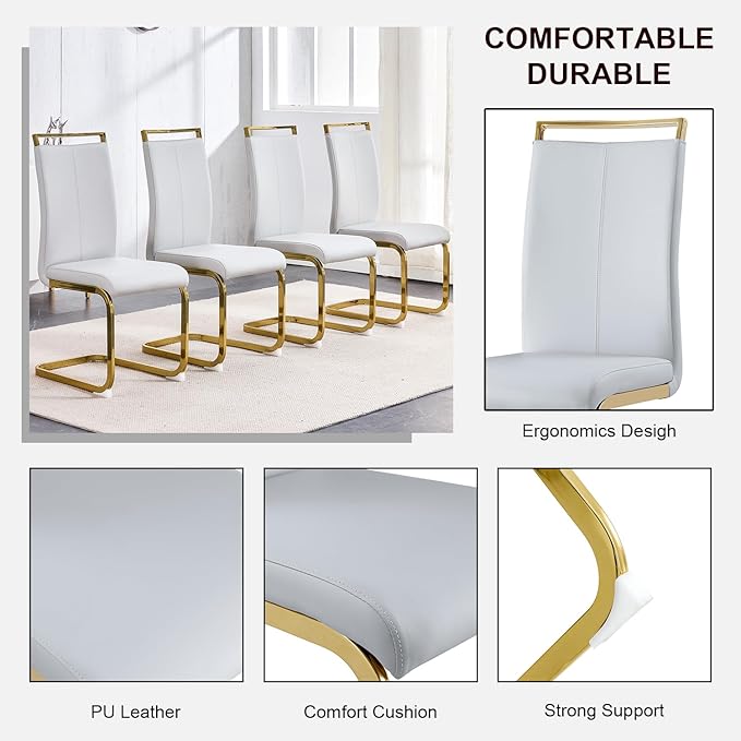 Modern Dining Chairs Set of 6,High Back Light Grey Kitchen Chairs,Faux Leather Side Chair with Gold Plated Metal Legs,Easy to Clean Upholstered Dining Chairs,Ideal for Living Room