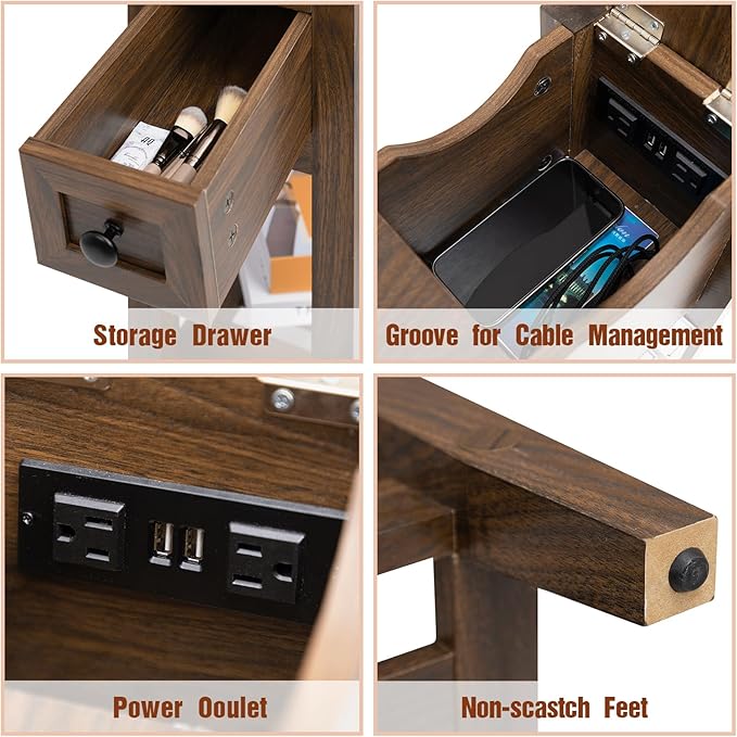 End Table with Movable Top and Charging Station, Narrow Side Table with Storage Cabinet and USB, Sofa Table for Living Room Bedroom