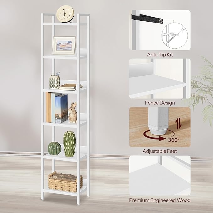 Bookshelf, 6-Tier Bookcase, Standing Book Shelf for Small Space, Storage Shelf Organizer, for Living Room, Bedroom, Study, Balcony, White BKBW6601