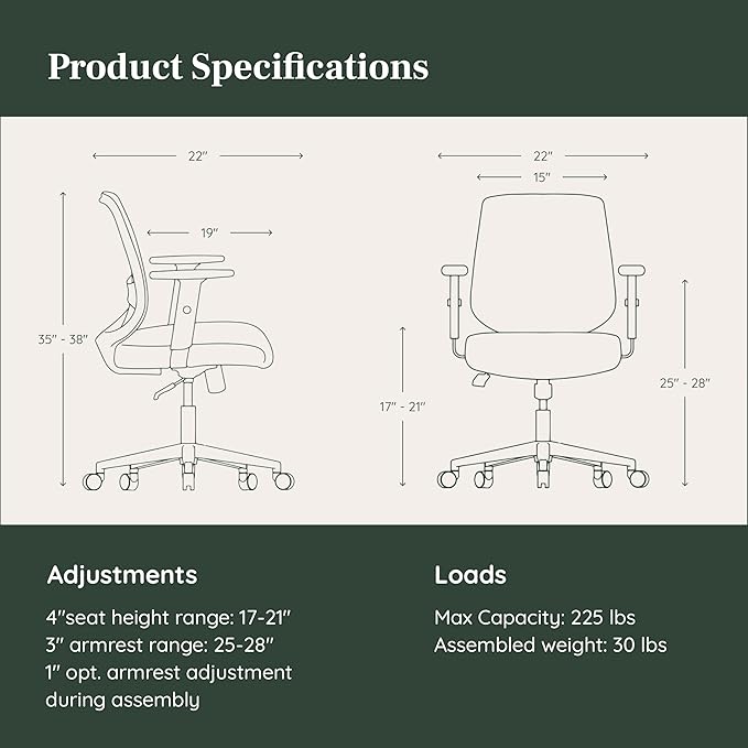 Branch Daily Chair - Vegan Leather Office Chair with Swivel, Lumbar Rest, and Adjustable Armrests - Comfortable Seating for Improved Posture and Productivity - Black