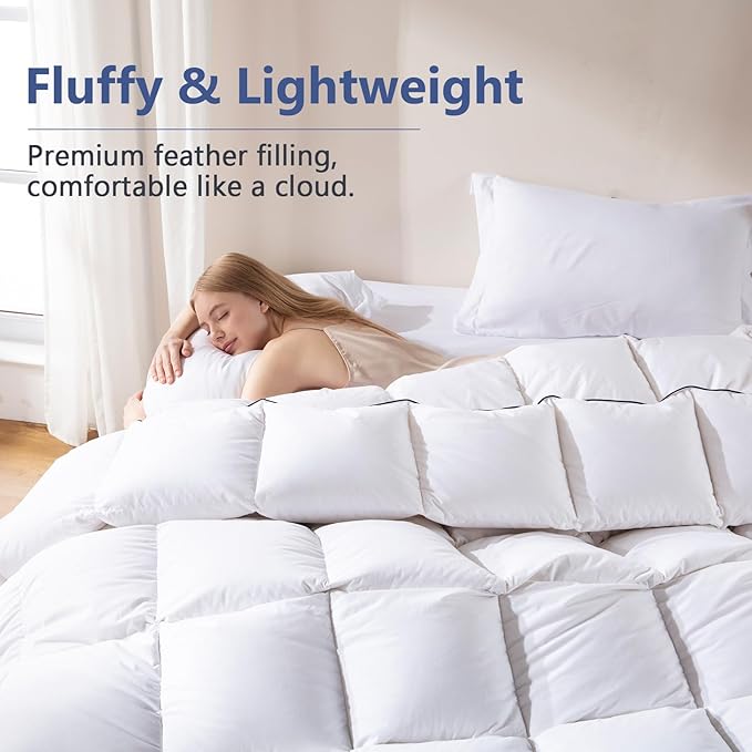 DOWNCOOL Feather Comforter Oversized King Size, Ultra Soft Fluffy Duvet Insert with 100% Cotton Cover, All Season Luxurious Hotel Bedding Comforters with Corner Tabs, White 116"x98"