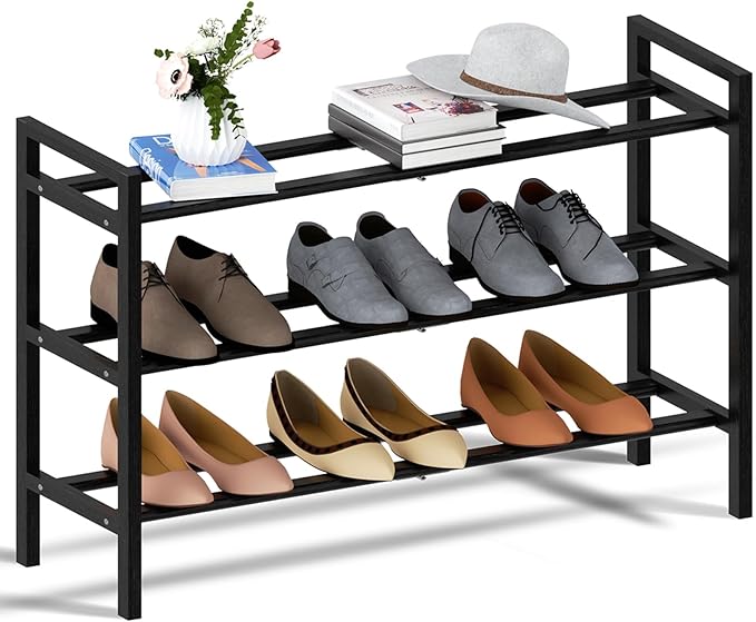 Haddockway Bamboo Shoe Rack for Closet, Free Standing Shoe Organizer with Smooth Round Rods & Convenient Handles, Stackable Shoe Storage Shelf for Entryway, Hallway(Black, 3-Tier)