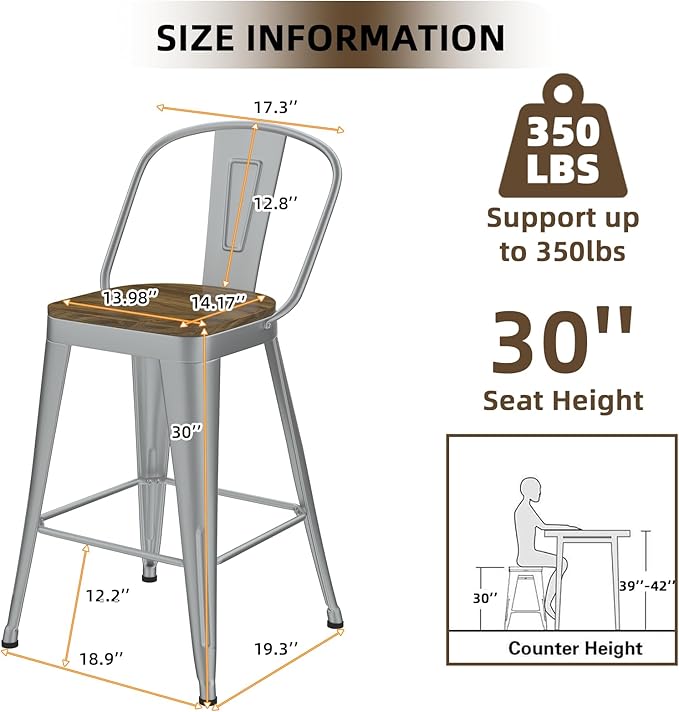 Metal Bar Stools Set of 4, High Back Bar Stools with Wooden Seat, 30 inch Silver Barstools for Kitchen Island