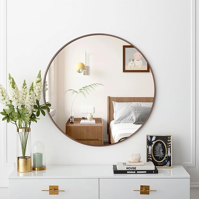 28 inch Round Bronze Mirror, Brushed Metal Framed Circle Wall Mirror for Bathroom Vanity, Bedroom Decor, Living Room, Entryway