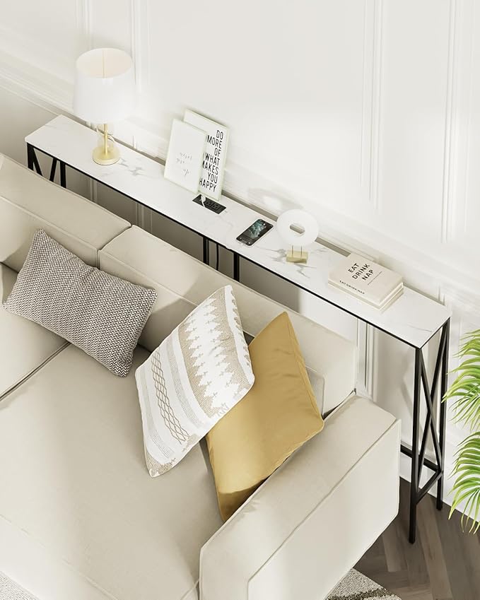 Masupu 70.9" Console Table with Power Outlet, Modern Narrow Long Sofa Table Behind Couch, Skinny Entry Table, Industrial Sofa Table with Metal Frame for Hallway, Living Room, White and Black