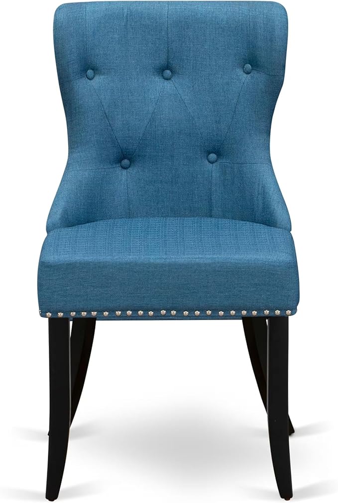 LKSI7-SBB-21-7-Piece Modern Dining Set Consists of a Mid Century Table and 6 Blue Linen Fabric Parson Chairs with Button Tufted Back - Sand Blasting Black Finish