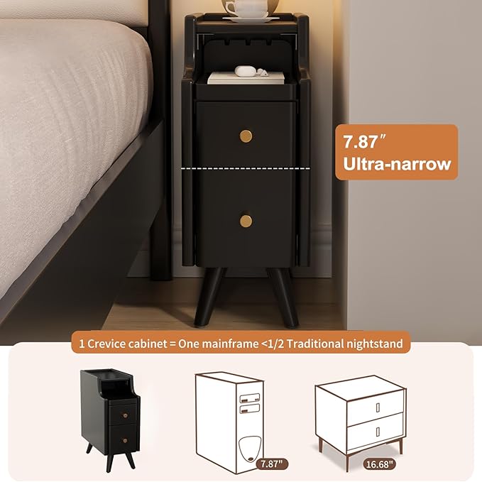 Narrow Nightstand with Drawers, Wood Bedside Table, Small Black Nightstand Set of 2