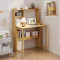 Bamboo Folding Desk with Storage Rack Mid Century Modern Desk for Home Office Bedroom Small Spaces, Natural
