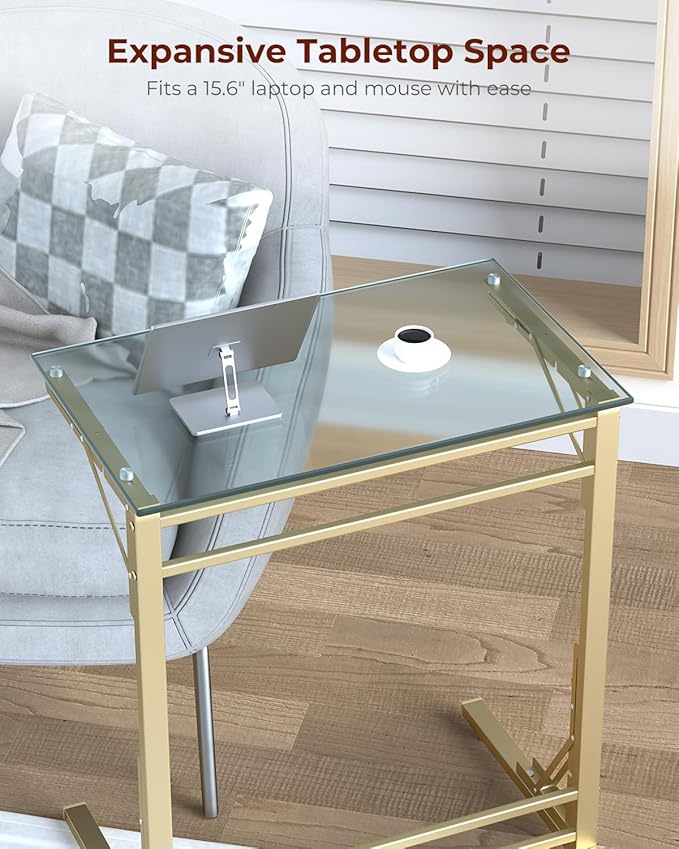 Tatub 24" Folding TV Tray Table Set of 2, Glass C Shaped End Table for Couch, Small Sofa-Side Laptop Desk with Gold Metal Frame for Living Room, Bedroom, Bedside
