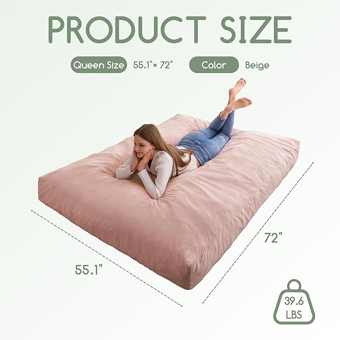 Giant Bean Bag Chair Bed for Adults, Convertible Beanbag Folds from Lazy Chair to Floor Mattress Bed with Machine Washable Cover, Large Floor Sofa Couch with High-Density Foam Filling