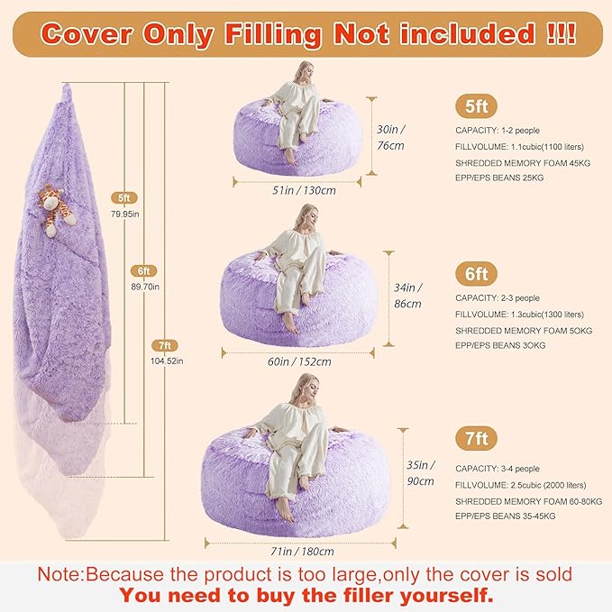 5FT Bean Bag Cover for Stuffed Animals Machine Washable, Gaming Bean Bag Chairs for Adults Teens Girls, Lovely Cute Bean Bag Storage Stuffed Animal, Purple