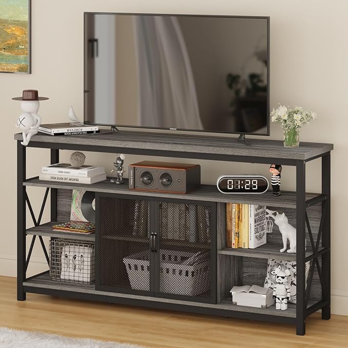 BON AUGURE Tall TV Stand for TVs up to 65 Inch, Industrial Entertainment Center with Storage Cabinet, Rustic Wood Media Console Table for Living Room and Bedroom (32 Inch High, Grey Oak)