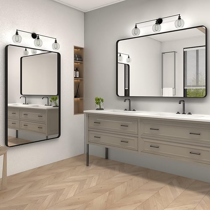 60x40 Inch Black Metal Framed Bathroom Mirror for Wall, Large Rounded Rectangle Mirror, Matte Black Bathroom Vanity Mirror, Anti-Rust, Shatterproof, Hangs Horizontally or Vertically
