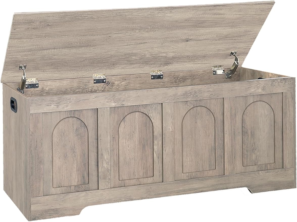 DINZI LVJ Storage Chest, 47.2”Wooden Storage Box with 2 Safety Hinges, Entryway Storage Bench with Flip-Top, Large Trunk for Living Room, Bedroom, Easy Assembly, Greige