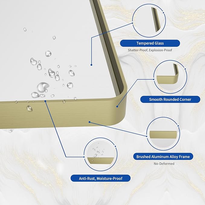 WEER Gold Bathroom Mirror, 24X36 Inch Brushed Gold Metal Frame Mirror, Rounded Rectangle Gold Bathroom Vanity Mirror for Wall, Tempered Glass, Anti-Rust, Hangs Horizontally or Vertically