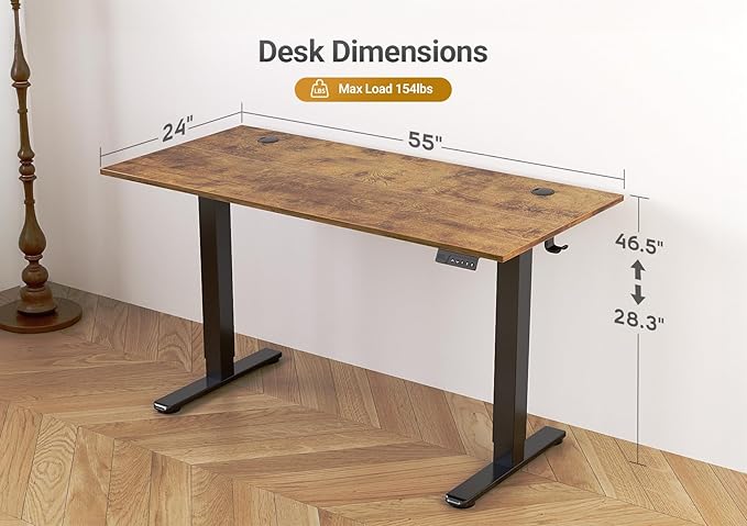 Seang Electric Standing Desk Adjustable Height, 55 x 24 Inch Sit Stand Desk with T-Shaped Frame, 3 Memory Presets & Cable Management for Home Office Computer Workstation, Black Frame/Rustic Brown Top