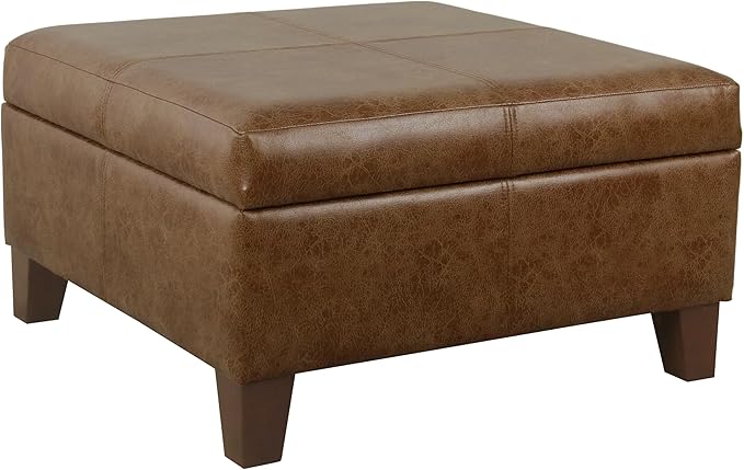 Homepop Home Decor | K2380-YDQY-2 | Luxury Large Faux Leather Square Storage Ottoman | Ottoman with Storage for Living Room & Bedroom, Brown