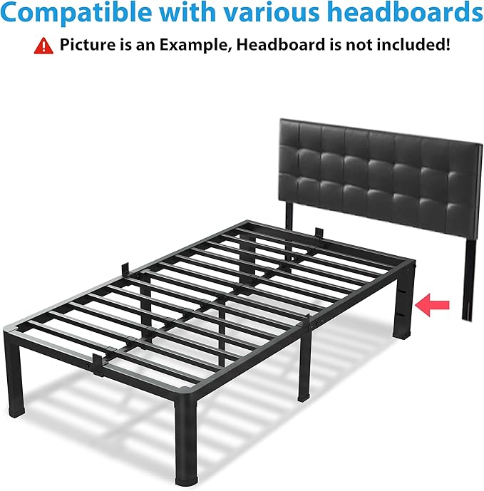 14 Inch Twin XL Bed Frame, 3500Lbs Heavy Duty Metal Platform with Round Corner Legs Mattress Slide Stopper, Steel Slat Support No Box Spring Needed, Noise Free, Non-Slip, Easy Assembly