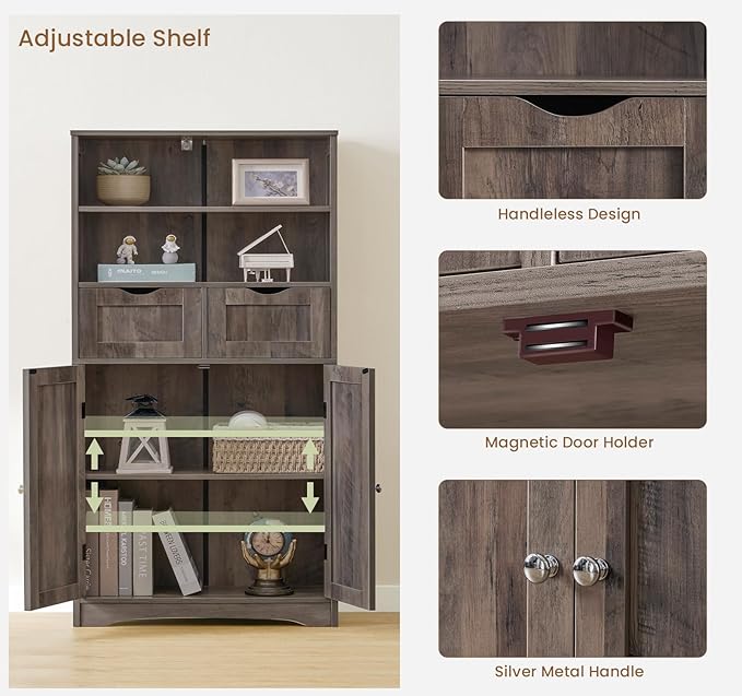 Iwell Tall Storage Cabinet with 2 Drawers & Adjustable Shelf, Bathroom Cabinet with Doors, Kitchen Pantry Storage Cabinets, Cupboard for Living Room, Dining Room, Entryway, Rustic Gray