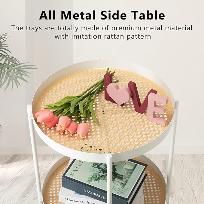 TeoKJ All Metal Side Table, 2 Tier Anti Rust End Table with Imitation Rattan Pattern on Removable Trays, Round Table for Living Room, Small Nightstand for Bedroom 20.47 Inch x 16.54 Inch Pearl White