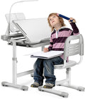 Rengue Kids Desk and Chair Set Height Adjustable School Study Desk and Chair with 55° Tiltable Desktop, 3 Modes &3 Brightness LED Lamps, Storage Drawer and Metal Hook for Boys Girls Gifts (Grey)