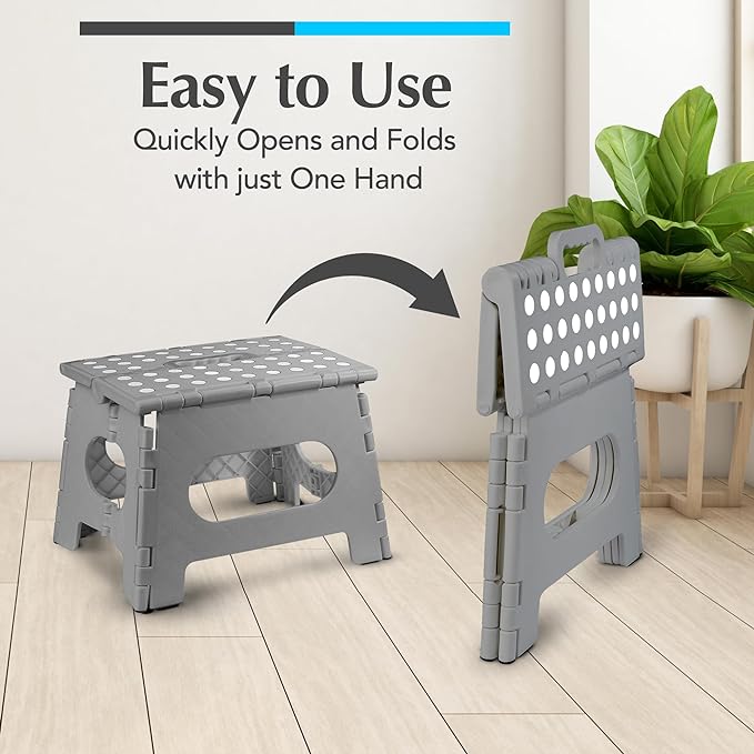 Handy Laundry - Folding Step Stool - Sturdy Enough Collapsible Stool to Support Adults and Safe Enough for Kids - Opens Easy with One Flip - Great for Kitchen, Bathroom or Bedroom (Grey - 9 Inch)