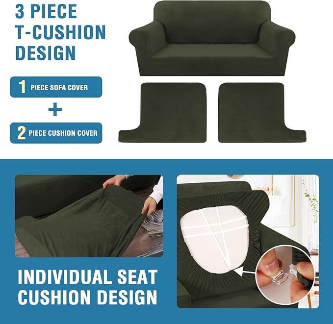 H.VERSAILTEX Sofa Cover 3 Piece T Cushion Sofa Slipcovers Thick Velvet Couch Cover Stretch T Cushion Sofa Covers for 2 Cushion Couch with 2 Individual T Cushion Covers, Olive