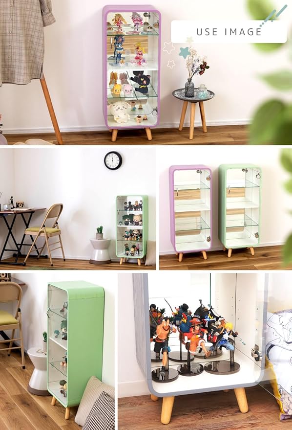 PaletteLife Figurine-Case, 4 Tiers, Blue, Collection-Case, Mirror-Backboard, Woodgrain, BLT-612BL