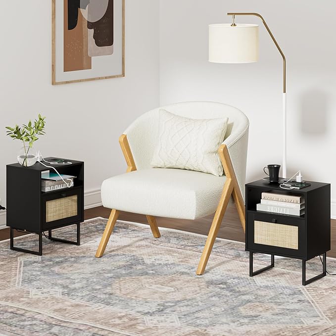 Masupu Rattan Nightstand with Charging Station,Modern Boho Farmhouse Wood Bedside Table with Storage Drawer and Open Shelf,Small Black Frame Side End Table for Bedroom,Living Room,Office (Black)