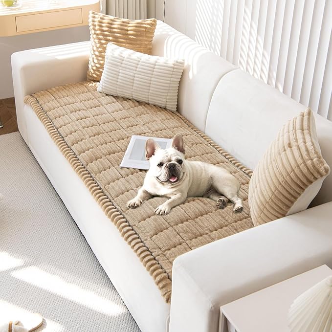 OTOB Dog Couch Covers for 3 Cushion Washable Non Slip Plush Pet Friendly Bed Mat Sofa Cover for Dogs, All Seasons Cozy Soft Fuzzy Furniture Protector Sofa Slipcovers (Coffee, 27.6" x 59.1")