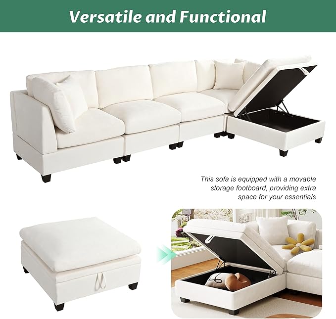 127.6 Inch 5-Seat Modular Convertible Sectional Sofa with Removable Storage Ottoman and 2 Hidden Cupholder, L-Shaped Upholstery Corner Couch for Living Room Apartment Office, Beige