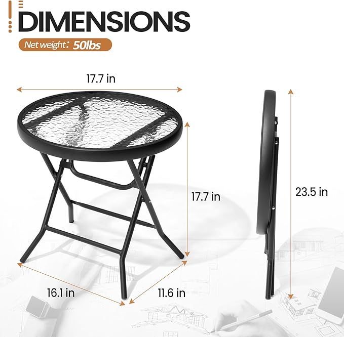 Foldable Patio Side Table Set of 2 with Tempered Glass Top 18" Folding Outdoor Side Tables Set of 2 Small Glass Patio End Tables for Porch Yard Balcony Deck Lawn Dining Garden (Black)