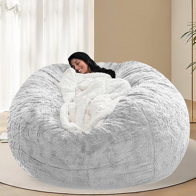 BCU Oversized Bean Bag Cover Comfy Beanbag Chair for Adults Without Filler Faux Fur Lazy Sofa Cover for Living Room Chairs, Silver White, 5FT
