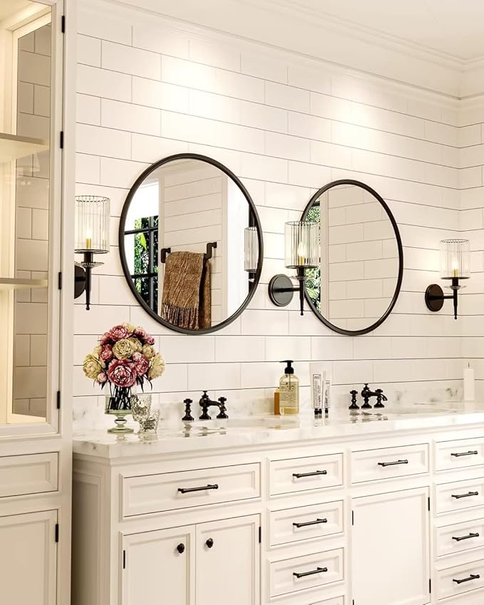 Growsun 20'' Black Round Mirror, Circle Wall Mirror for Bathroom Vanity, Entryway Living Room with Metal Frame for Home Decor