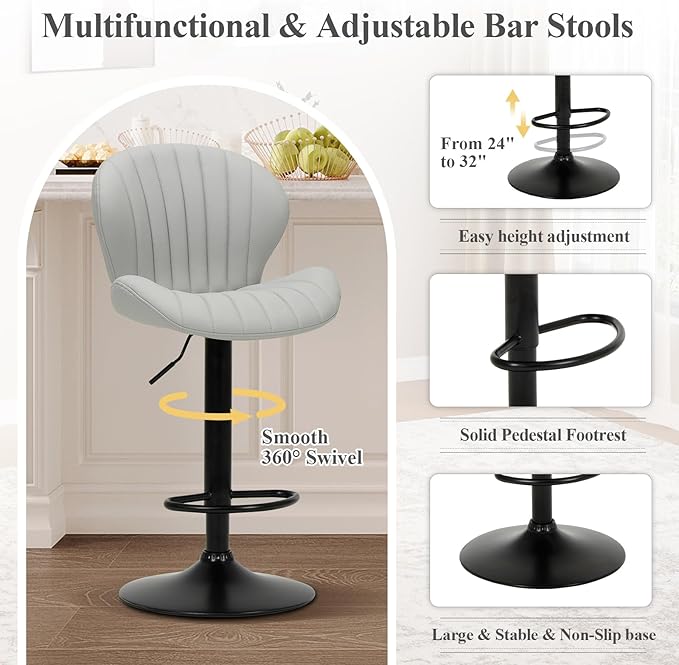 COLAMY Bar Stools Set of 6, Modern Swivel Bar Chairs, Adjustable Faux Leather Upholstered Barstools Counter Height with High Backrest for Bar, Kitchen Island, Dining Room, Grey