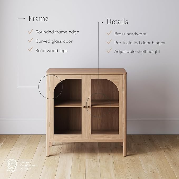 Nathan James Mason Modern Farmhouse TV Stand, Free Standing Accent Sideboard Buffet, Cabinet with Glass Doors and Adjustable Shelf, Clear Glass/Raw Oak Set of 2