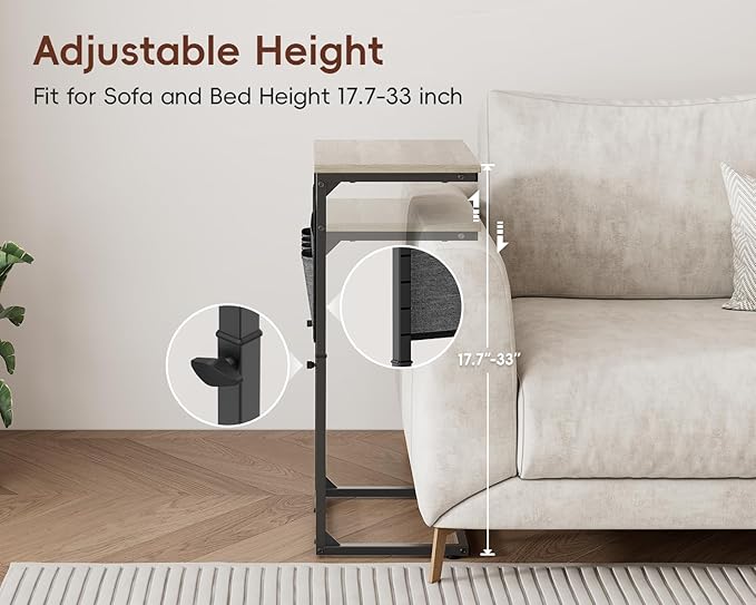 Vagusicc C Shaped End Table with Charging Station, 33" Tall Side Table for Couch, C Table Adjustable Height Small Couch Side Table, Slide Under Sofa Table TV Tray Arm Table for Living Room, Greige
