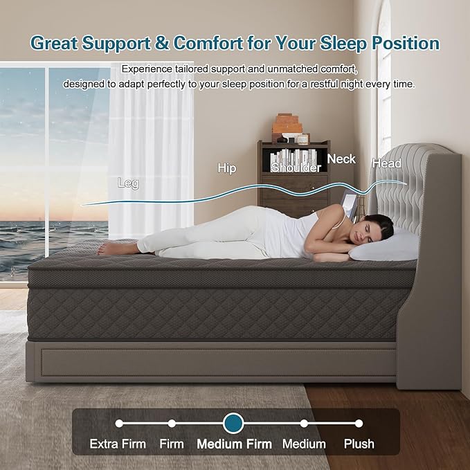 Full Mattress, 12 Inch Hybrid Mattresses Grey, Mattress Medium Firm for Back & Lumbar Support, 100 Night Trial, Individual Pocket Spring for Motion Isolation & Pressure Relief