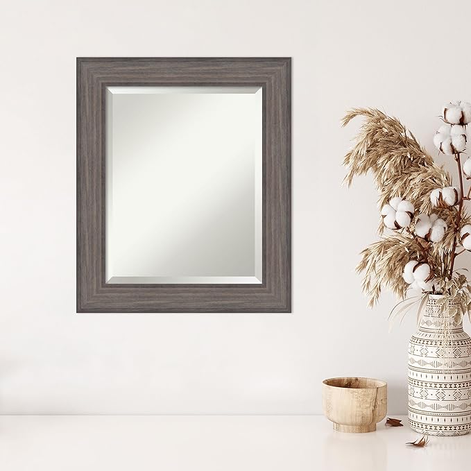 Amanti Art Grey Wall Mirror 25x21 Country Barnwood Rectangle Bathroom Mirror for Wall Decor Living Room, Small Country Rustic Wood Frame, Hangs Horizonally and Vertically, Bathroom Decor, Beveled Edge