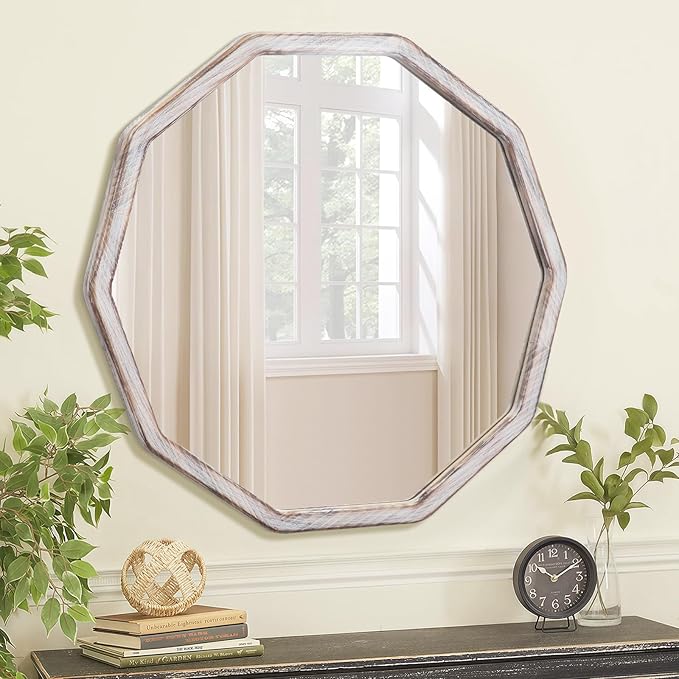 ULIKE White Wood Mirror for Wall, 24 Inch Rustic Farmhouse Mirror with Wood Frame, Decorative Wall Mounted Vanity Mirrors for Bathroom Bedroom Living Room Entryway