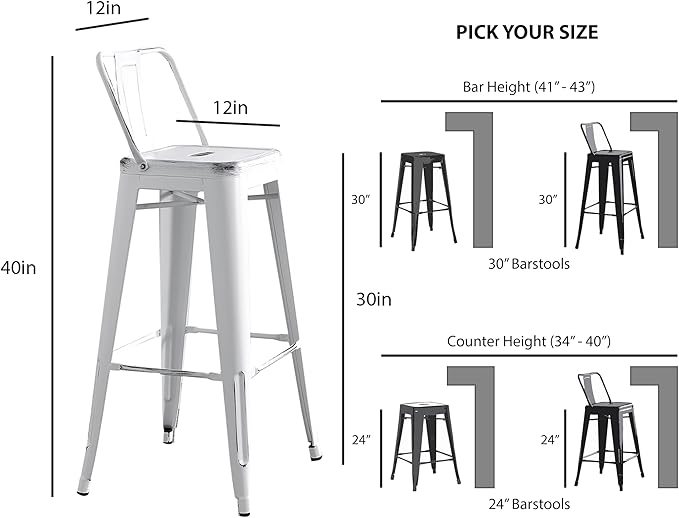 AC Pacific Modern Metal Barstool Set of 2 – Country Rustic Style with Low Back, Lightweight & Sturdy Build, Easy Assembly –, 30" Seat, Distressed White