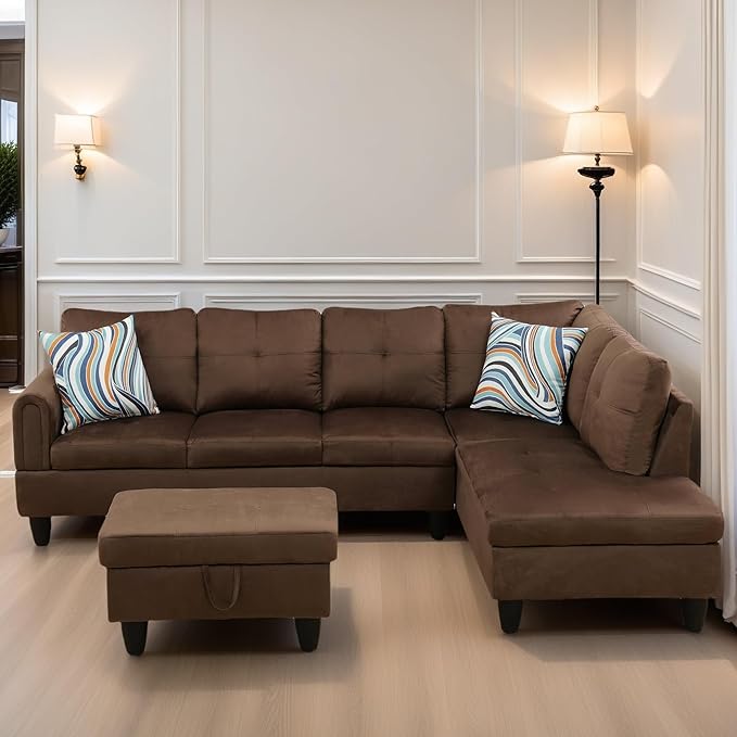 L Shaped Sectional Couches for Living Room, Modern Modular Sectional Sofa with Ottoman Storage, Comfy L Shaped Couch with Chaise for Bedroom Apartment Furniture, Brown