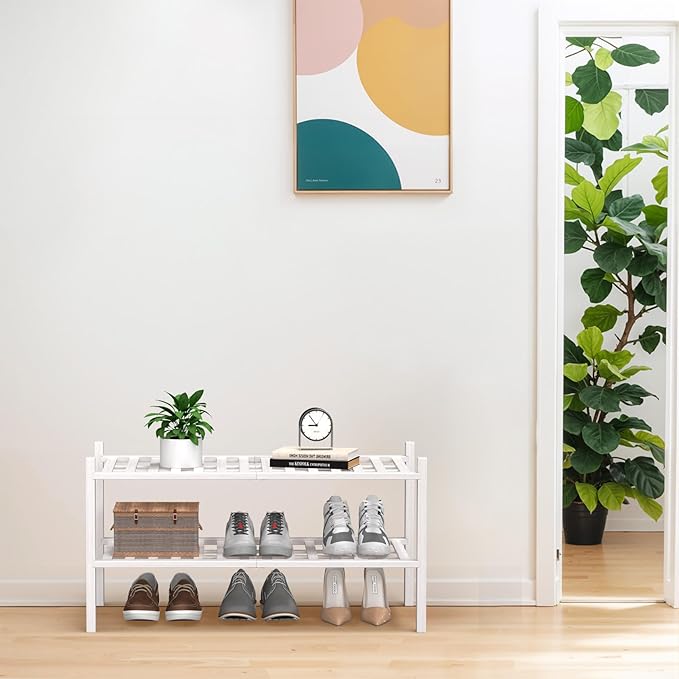 Haddockway Large 2 Tier Bamboo Shoe Rack Storage Organizer, Multifunctional Free Standing Stackable Shoe Shelf with Grid Panel for Closet,Hallway,Entryway,Small Space 27"x12"x14"(White, 2-Tier(Large))